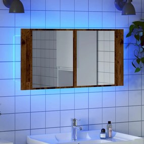 antik fa színű szerelt fa tükrösszekrény LED-del 90x12x45 cm