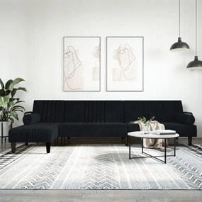 fekete L-alakú bársony kanapéágy 260x140x70 cm