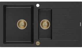 Mexen Matias, gránit mosogató 900x505x200 mm, 1,5 kamrás, fekete-ezüst metál arany szifonnal, 6502901505-73-G