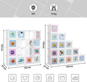 15 kockás játéktároló, játékrendező szekrény 153x31x153 cm, űrutazás téma