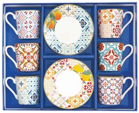 Porcelán 6 személyes mediterrán eszpresszó kávés csésze szett Siracusa