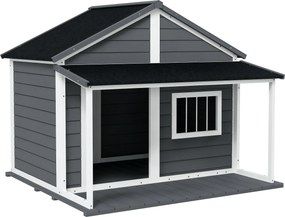 PawHut Tömör Fa Kutyaól Kicsi Állat Házzal és Terasszal Aszfalt Tetővel Kültéri Vízálló Menedék Szürke 124 x 112 x 105 cm | Aosom
