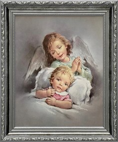 Vászonkép 31x26 Őrangyal Angyal Ezüst Díszített Keresztelő Ajándék Keret