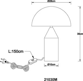 Globo 21030M Asztali lámpa, matt sárgaréz színű fém, matt fehér, fekete PVC kábel, billenőkapcsoló a kábelen, ø: 280mm, M: 390mm, kábelhossz 1500mm, 2x E27 40W 230V izzók nélkül