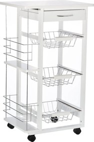 HOMCOM Konyhai Szervizkocsi Kerekekkel, Több Tárolási Lehetőséggel, 3 Fém Kosárral, Fiókkal + 2 Üvegtartóval, Fehér Fenyőfa | Aosom