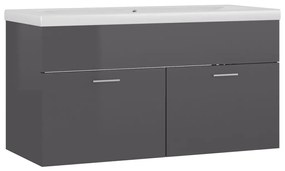 Magasfényű szürke szerelt fa mosdószekrény beépített kagylóval