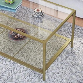 Dohányzóasztal edzett üveglappal és hálós polccal, 106 x 45 x 55 cm, arany színben