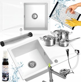 Egymedencés Mosogató Fehér Gránit Szifon Automata Görgős Szőnyeg 7in1