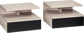 HOMCOM 2 db F Floating Éjjeli Szekrény, Függesztett Ágytáblák 1 Fiókkal és Nyitott Polccal, 35x32x22.5 cm Tölgy és Fekete | Aosom