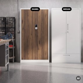 Fém irodai szekrény kódzárral, fehér, dió, 900x1850x400 mm: DANIEL Eco Design