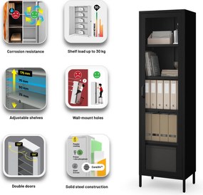 Fekete üveg vitrin nappaliba, fém lábakon LUIGI Modern 500 x 1800 x 350 mm