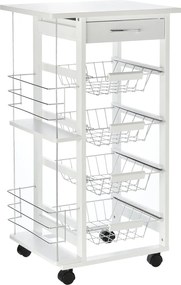 HOMCOM Konyhai Kocsi Kerekekkel, Többfunkciós Kocsi Fiókkal, 4 Eltávolítható Fémdobozt és Oldalsó Polcokat Tartalmaz 47x37x83 cm Fehér | Aosom