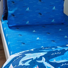 Kék gumis egyszemélyes gyerek lepedő 90x190 cm Jawsome Shark – Catherine Lansfield