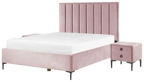 Rózsaszín bársony ágyneműtartós franciaágy éjjeliszekrényekkel 160 x 200 cm SEZANNE Beliani