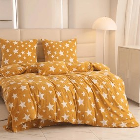 Mikroplüss ágyneműhuzat szett HVĚZDY sárga-narancssárga + mikroplüss lepedő SOFT 180x200 cm fehér, franciaágyhoz