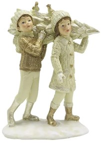 Gyerekek fenyővel, 12x6x15cm, karácsonyi dekorfigura
