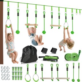 AIYAPLAY Gyermek Zip Line 10m Zip Line Készlet Gyermekeknek, Kültéri Slackline 2 Gyűrűvel, 2 Mászórúddal és 3 Forgószékkel, Kerti Zip Line Készlet | A