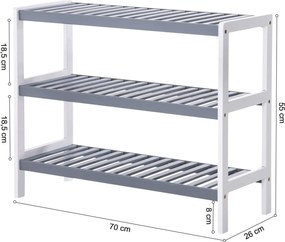 Bambusz cipőtartó, 3 szintes tárolópolc,  70 x 26 x 55 cm, fehér és szürke