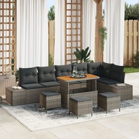 9 darabos kerti sofa szett párnákkal szürke poli rattan akáciával, 2 fős kerti sofa párnákkal szürke poli rattan, 3 darabos kerti étkező szett párnákkal szürke poli rattan akáciával