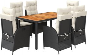 vidaXL 7 részes fekete polyrattan kerti étkezőgarnitúra párnával