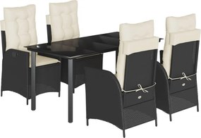 vidaXL 5 részes fekete polyrattan kerti étkezőgarnitúra párnákkal