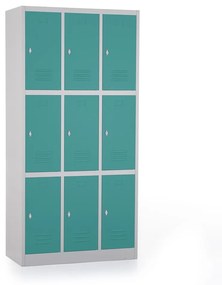 Fém szekrény - 9 doboz, 90 x 45 x 185 cm, csavaros zár, zöld - ral 6033