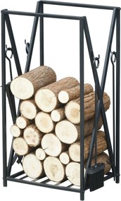 HOMCOM Kandalló Tűzifa Állvány 46x30x76 Keményfa Tartó 4 Eszközzel Acél Váz Stabil Terhelés 100 kg Kültéri és Belső Használatra Fekete | Aosom