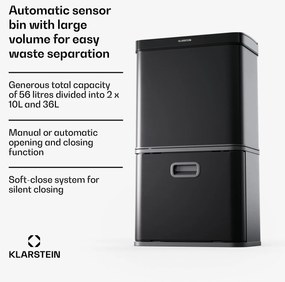 Klarstein Touchless, szenzoros szemétkosár, 56 l, rozsdamentes acélból, 3 kosár, Soft-Close záródás, elemmel működő, LED kijelző, időzítő