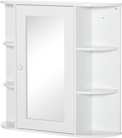 HOMCOM Fürdőszobai Tükörszekrény, Tükörajtós Fürdőszobai Szekrény, Fali Szekrény Nyitott Polcokkal, Fehér, 66 x 17 x 63 cm | Aosom