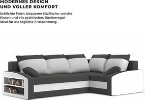 Grande sarokkanapé polcokkal , polc a bal karfaban, jobboldali, szövet anyag, hab töltet, szürke - fehér