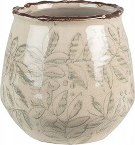 Bézs kerámia virágtartó fedél zöld levél kontúrral és állítható