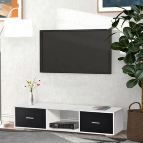 HOMCOM TV állvány 60"-ig Modern stílusú nappali TV asztal 2 fiókkal és nyitott rekesszel 140x30x32 cm Fehér és fekete | Aosom