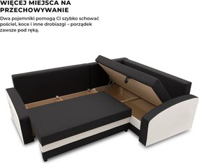 Grande sarokkanapé polcokkal , polc a bal karfaban, jobboldali, szövet anyag, hab töltet, fekete - fehér