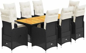 vidaXL 9 részes fekete polyrattan kerti bisztrógarnitúra párnákkal
