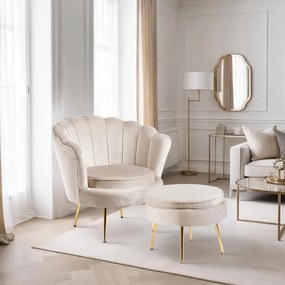 Elegáns Fotel Lábtartóval Krészínű Bársony Kárpittal. GRAND