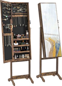 HOMCOM Teljes Hosszúságú Tükör ÉkszerSzéf 3 Állítható Szöggel, Magnéziumzáras Ékszer Szervező, Polcokkal Fülbevalóknak, Gyűrűknek és Nyakláncoknak 46x