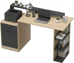 HOMCOM 140 x 60 cm számítógépasztal fiókkal, fejhallgató-tartóval, szekrénnyel és polcokkal — tölgy/fekete | Aosom