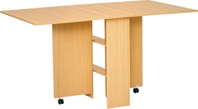 HOMCOM Összecsukható Étkezőasztal Konyhai Asztal Kerekekkel, Összecsukható Szélekkel és Polcokkal 4-6 Fő részére 80x140x74cm Természetes Fa | Aosom
