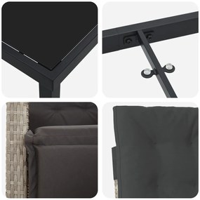 7 darabos kerti étkezőszett párnákkal világosszürke polirattannal, fekete kerti asztal 160x80x73 cm edzett üveggel