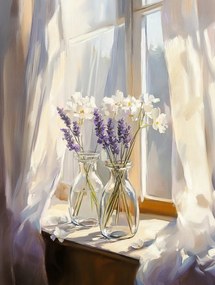 Vászonkép Canvas Dekoráció Ablak Függöny Váza Virágok Levendula 60x80