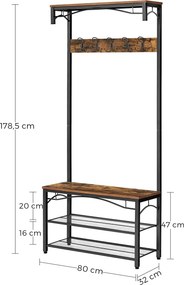 Előszobafal cipőpaddal, 5 dupla akasztóval és 2 fémhálós cipőpolccal, 80 x 32 x 178,5 cm, rusztikus barna/fekete