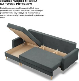 Etna sarokkanapé, 1 ágyneműtartóval, bársony, univerzális oldal, bonell töltet, szürke
