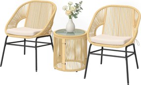Outsunny 3 részes rattan bistro szett – 2 párnázott fotel és edzett üvegasztal, ergonomikus balkon/terasz bútor, bézs | Aosom