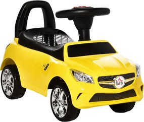 HOMCOM Gyerek Kocsija Kormányzással, Fényszórókkal és Beépített Zenével, PP és Fém Anyagból, 63.5x28x36 cm, Sárga | Aosom