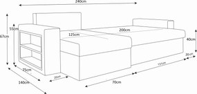 Kinyitható kétoldalas L alakú ülőgarnitúra NORIX 240x140 cm, sötétszürke polccal + 2 párnát INGYEN