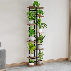 LEDOR TYP 4 8 polcos virágállvány, fémvázzal, 36 x 23 x 136 cm, rusztikus fa/fekete