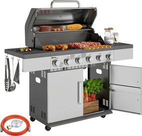 Outsunny Gázgrill 8500BTU, grillkocsi 6 rozsdamentes acél égővel, hőmérővel, nyomásszabályozóval, ezüst