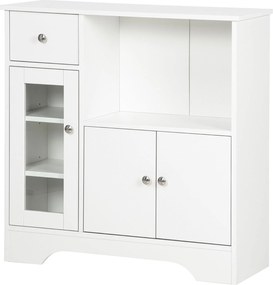 HOMCOM Fehér Oldalszekrény Modern Konyhai Szekrény Üveg Ajtóval Fiókkal Nyitott Polccal és Állítható Polcokkal 80x30x82 cm | Aosom