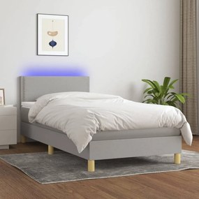 Világosszürke szövet rugós és LED-es ágy matraccal 90x190 cm