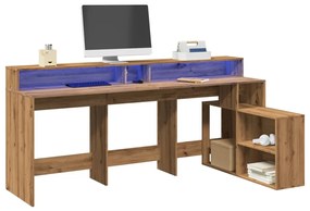 kézműves tölgy színű szerelt fa LED-es íróasztal 200x104x91 cm
